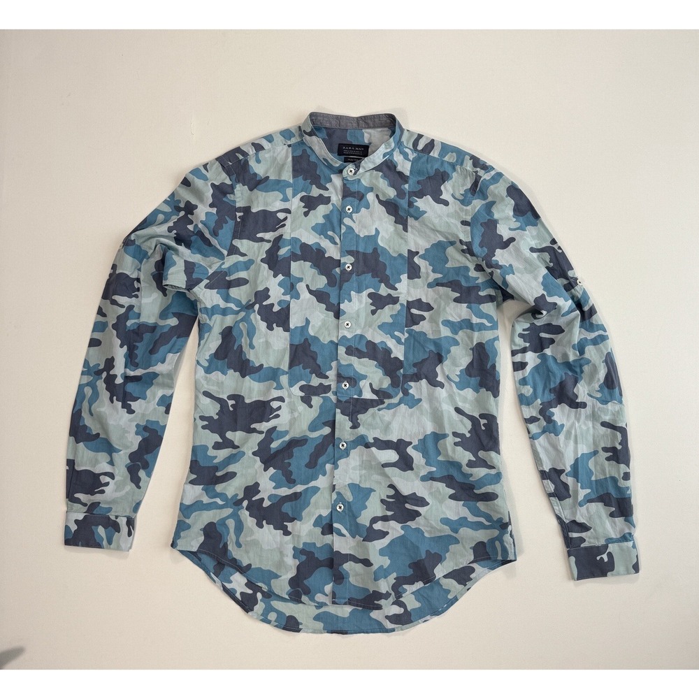 Zara Man Men's Medium Slim Fit Button Shirt Blue Camouflage Blade Collar Army